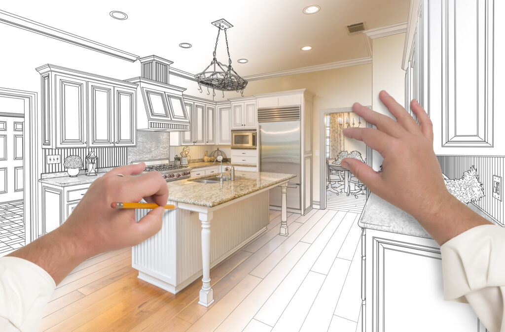 male,hands,sketching,with,pencil,a,custom,kitchen,with,photo